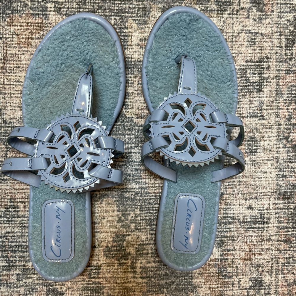 cute, blue, slip in sandals.